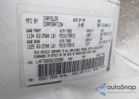 1999 Jeep Cherokee Classic/Sport z USA, uszkodzony, nr VIN 1J4FT68S3XL533585